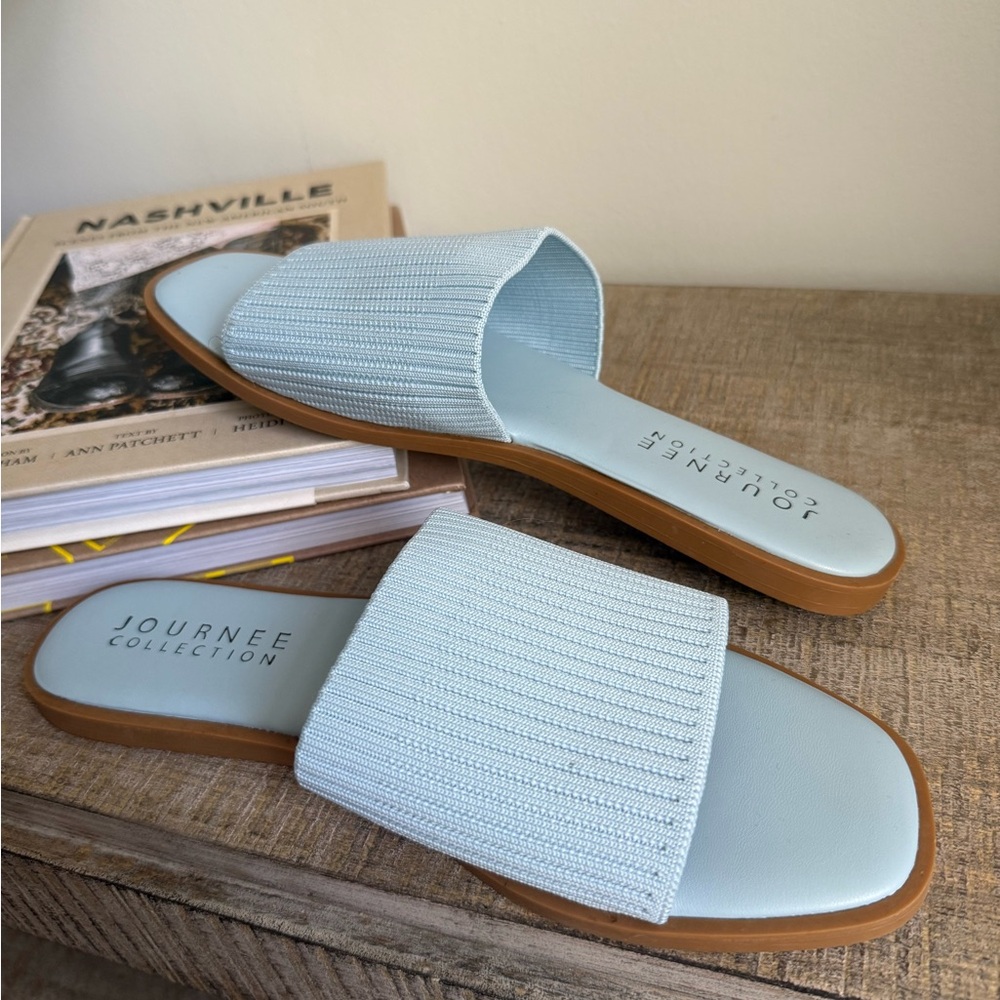 Journee Collection Light Blue Knit Slide Mules